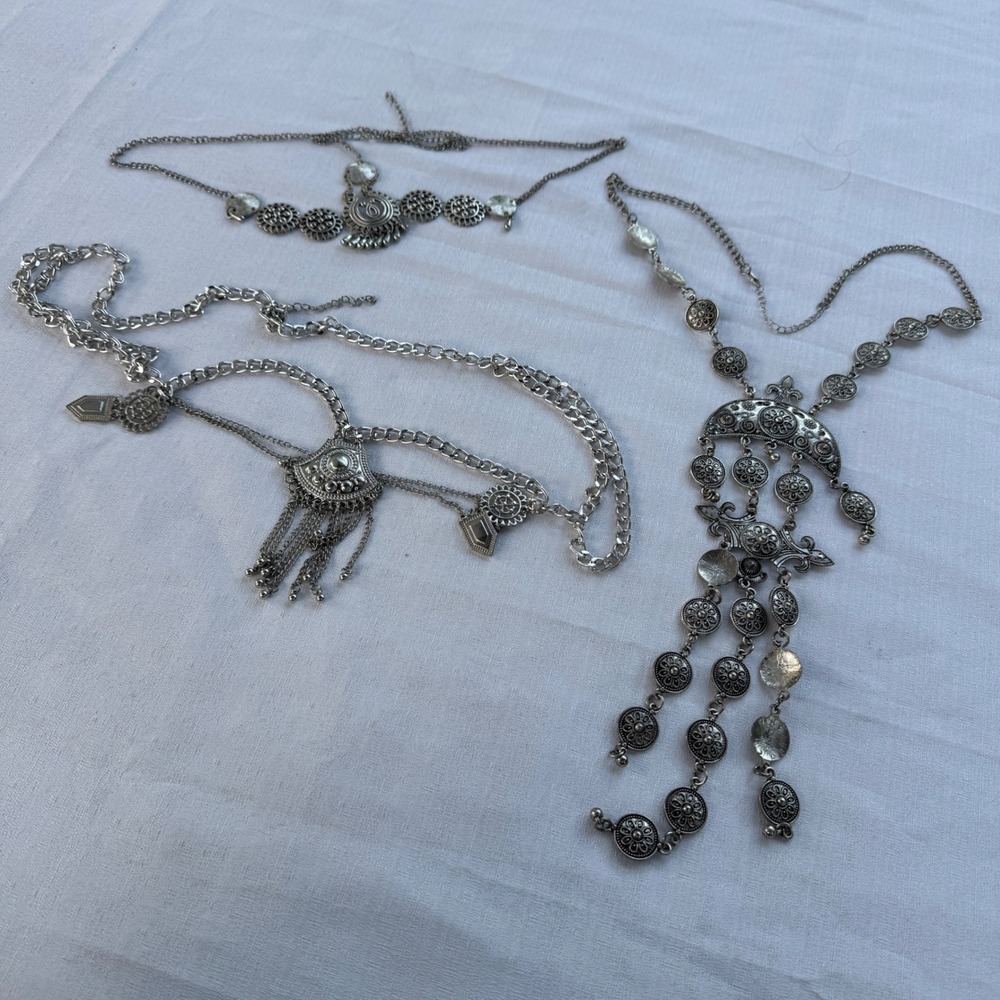 Vintage Silvertine Boho 3pc Set Necklace Body Head Chain Festival Rave Coachella